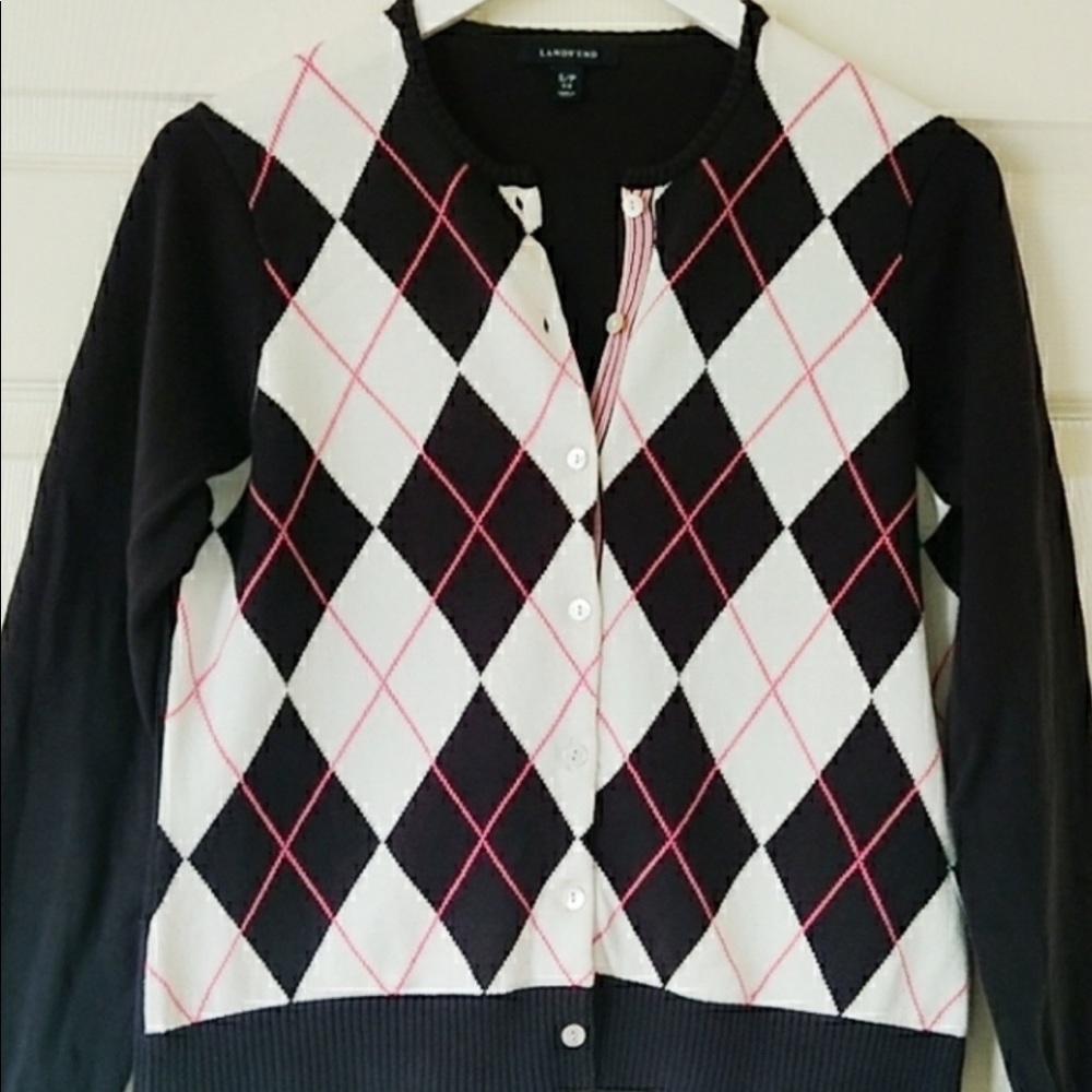 Navy, white and pink argyle knit button cardigan